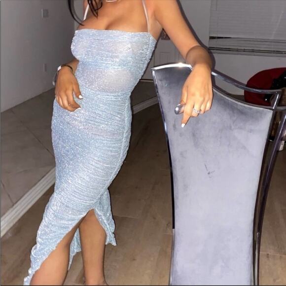 HOUSE OF CB Fornarina Baby Blue Sparkle Silvermist Fairy Glitter Ruched Dress - Picture 10 of 16